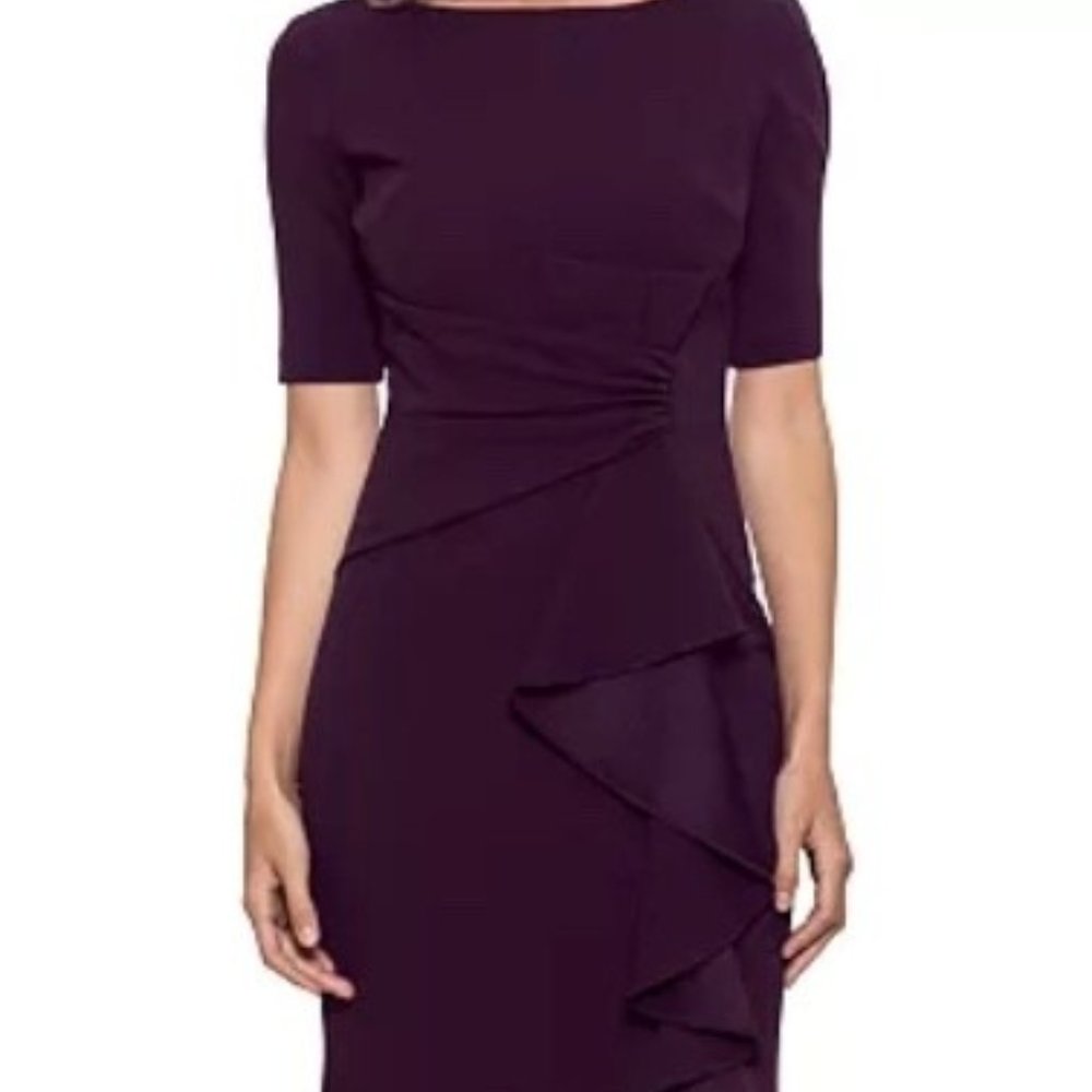 Betsy & Adam Plum Purple Ruffle Sheath Wedding Dress 14 petite